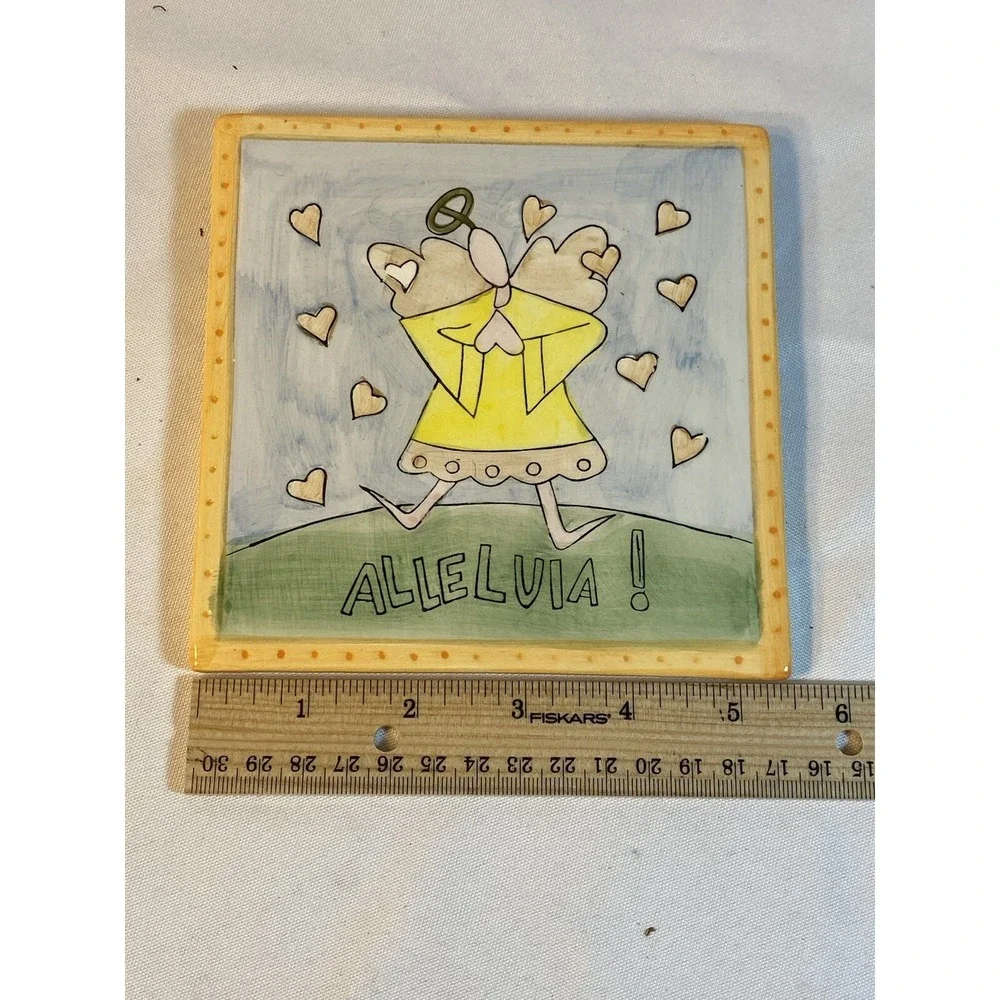 ceramic wall decor tile hand painted angel alleluia 5.5 X 5.5 inches‎